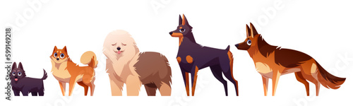 Cartoon cute dog character icon vector illustration set. Isolated pet breed collection on white background. Purebred german shepherd, doberman and komondor adorable domestic standing animal group