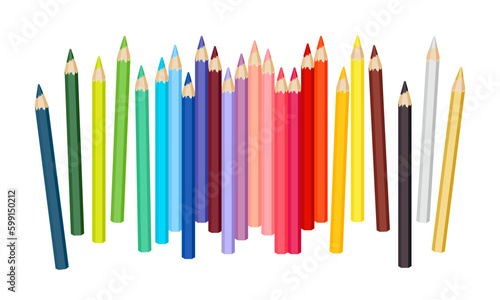 Colored pencils are scattered on white background. Set of bright pencils for drawing. Vector cartoon flat illustration on school supplies.