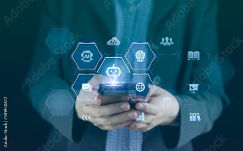 Businessman using mobile smartphone and icon network connection data with growth graph customer, digital marketing, banking and payment online, analysis and planning of business. AI bot Technology.