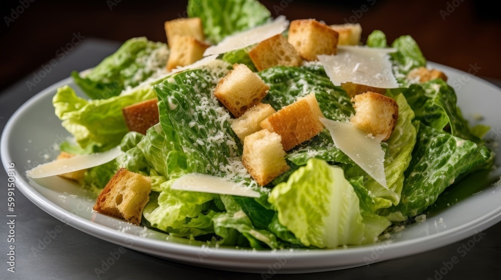 Caesar salad with crisp and crunchy hearts of romaine lettuce, shaved Parmesan cheese, garlic croutons, and a creamy Caesar dressing Caesar salad with crisp and crunchy hearts of romaine lettuce, shaved Parmesan cheese, garlic croutons, and a creamy Caesar dressing