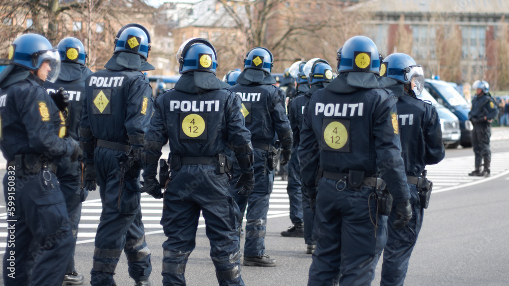 Law, security and back of police in city during a protest or march for protection and public service. Safety, violence and professional guards in uniform working in urban town street for peace patrol Law, security and back of police in city during a protest or march for protection and public service. Safety, violence and professional guards in uniform working in urban town street for peace patrol