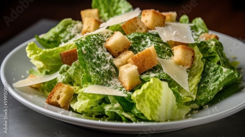 Caesar salad with crisp and crunchy hearts of romaine lettuce, shaved Parmesan cheese, garlic croutons, and a creamy Caesar dressing