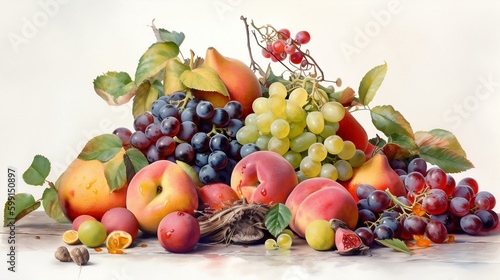 The composition of products on the table in a beautifully laid out form where there are grapes apples peaches strawberries