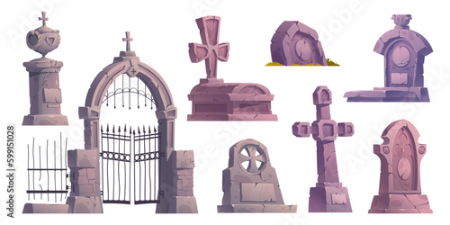 Cartoon set of old cemetery design elements isolated on white background. Vector illustration of gothic stone tombs, cracked ancient crosses, graveyard gate. Scary haunted place. Halloween decor