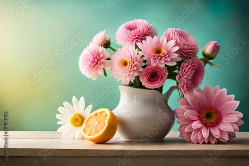 Holiday concept with flowers, spring or summer composition, still life, flowers in a vase, banner. Mother's day card. Created with Generative AI technology