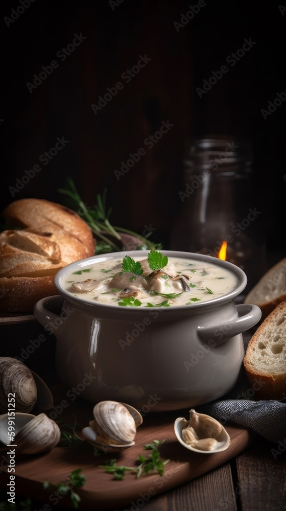 bowl of clam chowder with bread and herbs on the side bowl of clam chowder with bread and herbs on the side
