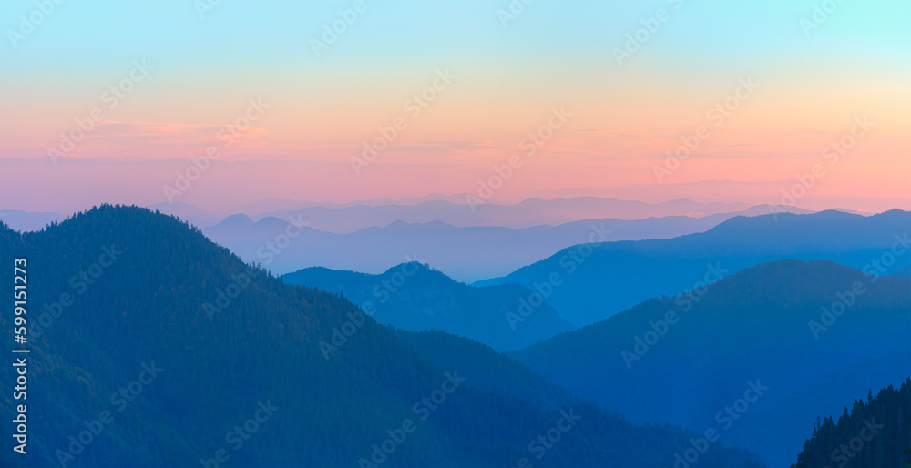 Misty view of the blue mountain range -  Beautiful landscape with cascade blue mountains at the morning