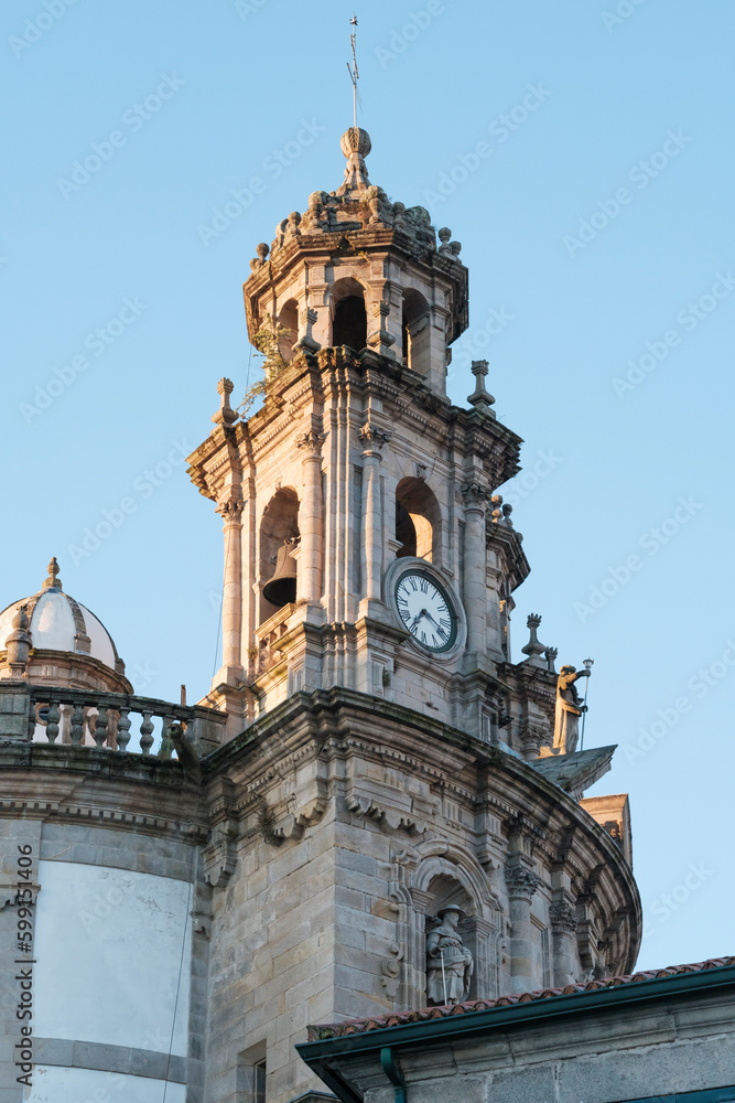 Detail of one of the clock towers of the church of La Peregrina, in the historic center of the village of Pontevedra, Galicia (Spain)