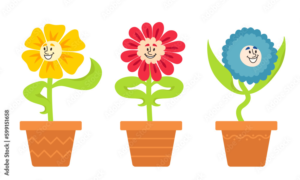 Set of different potted flowers. Fictional characters in cartoon style.