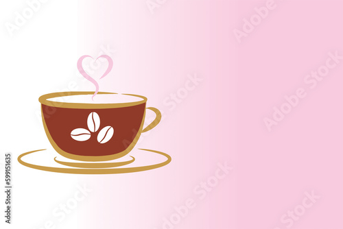 Hot cup with heart shaped hot steam and coffee beans. International coffee day image for coffee shop signboard, poster, banner or invitation card with blank space to add text.