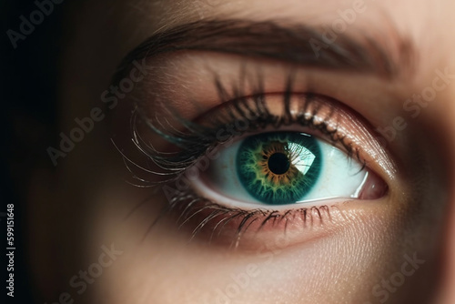 Close up detail beautiful female eye green color. Generative ai