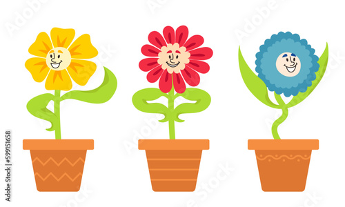 Set of different potted flowers. Fictional characters in cartoon style.