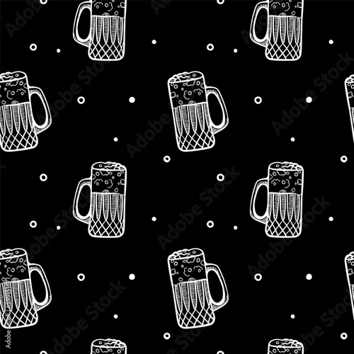 Craft beer seamless pattern. Mugs and glasses for toast with beer on black background. Vintage vector engraving illustration for web, poster, invitation to party
