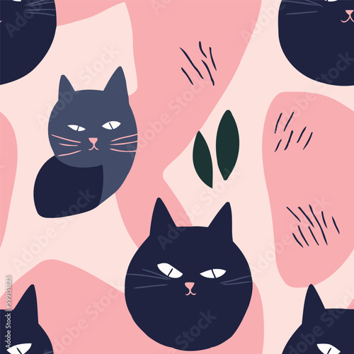 Seamless pattern with cute black cats on pink background. Vector illustration.