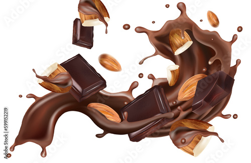 Chocolate liquid and Chocolate bar splashing in the middle isolated on white background, Vector realistic in 3d illustration. Food concepts.