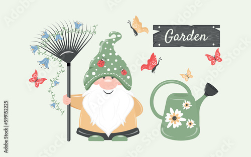 Funny dwarf elf holds a garden rake in his hands. Nature. Summer vector illustration
