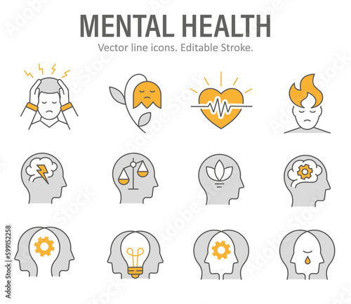 Mental health icons, such as anxiety, therapy, panic attack and more. Vector illustration isolated on white. Editable stroke.