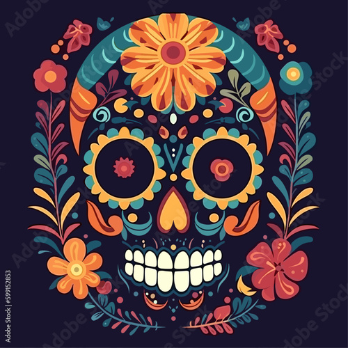 dia de muertos skull flat design, cinco de mayo festival illustration, day of the dead skull illustration