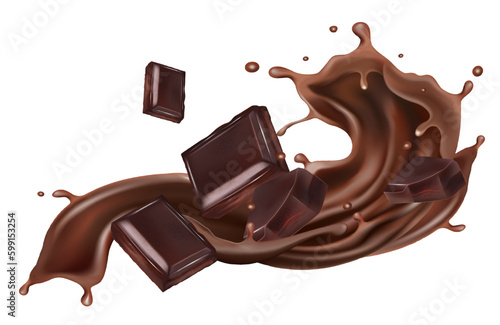 Chocolate liquid and Chocolate bar splashing in the middle isolated on white background, Vector realistic in 3d illustration. Food concepts.