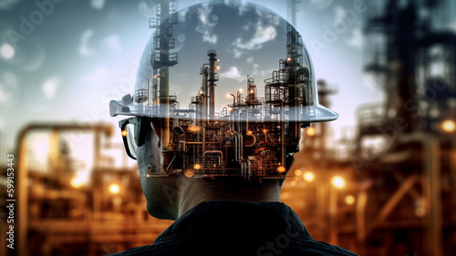 Double exposure of engineer in safety helmet with oil plant. Generative AI