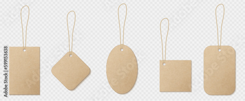 Kraft price tag label vector. Vintage brown cardboard with cord. Vintage empty craft paper design with twine ribbon for gift mockup. Isolated blank organic carton texture frame template collection.