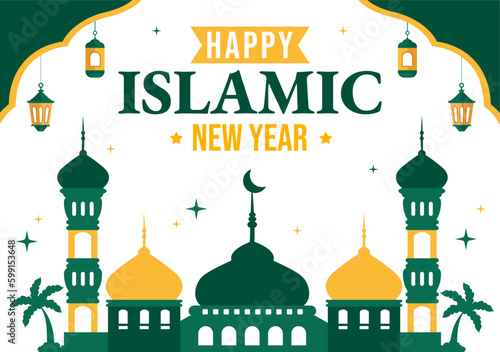 Happy Muharram Islamic New Year Vector Illustration with Muslims Celebration in Flat Cartoon Hand Drawn Landing Page Background Templates
