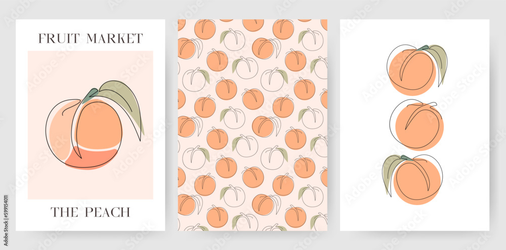 Set of vertical flyer, posters templates with Peach. One Continuous Line Art Design with tropical Fruit. Hand Draw different collection. Simple outline style. Colorful vector illustration. 