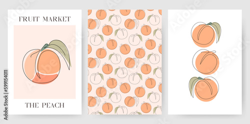 Set of vertical flyer, posters templates with Peach. One Continuous Line Art Design with tropical Fruit. Hand Draw different collection. Simple outline style. Colorful vector illustration. 