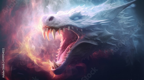 White dragon with his mouth open with fire glowing from inside his throat. Generative AI. © Pro Hi-Res