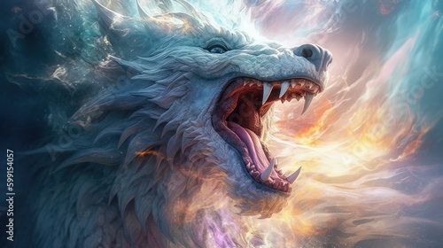 White dragon with his mouth open with fire glowing from inside his throat. Generative AI. © Pro Hi-Res