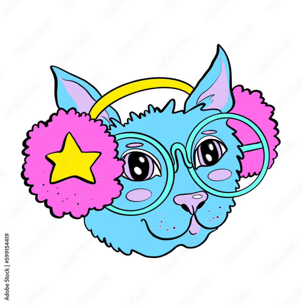 color illustration cartoon style graffiti nerd dj cat wearing glasses and headphones music character template print postcard sticker and media