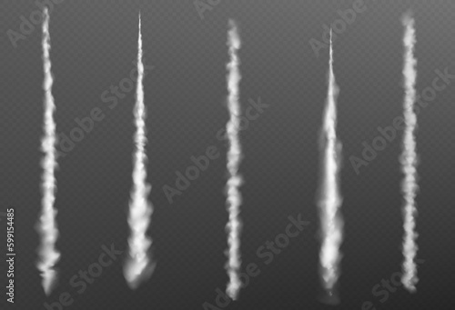 Plain smoke trail effect. Jet vector white contrail line on transparent background. 3d airplane flight speed vapor steam. Realistic aircraft tail flow motion texture. Gas burst curve path trace