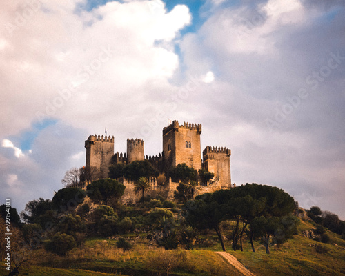 Medieval castle on top of a hill at sunset