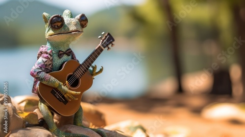 Chameleon wearing sunglasses, playing on a ukulele, comfortably perched on a sand near lake, basking in the warmth of a sunny day. Generative AI.