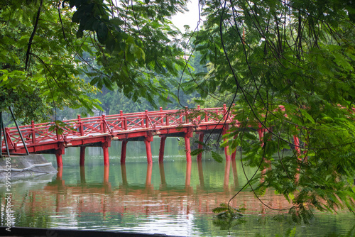 bright red Huc Bridge at hanoi   photo