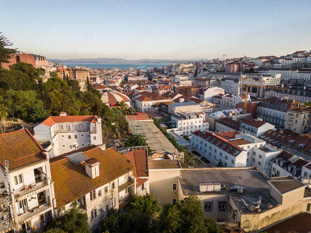 Beautiful aerial view to old historic buildings in Lisbon city
