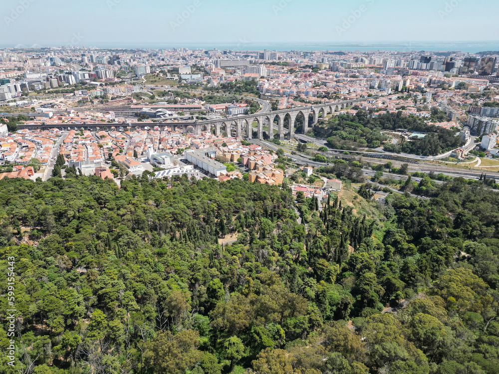 Beautiful aerial view to green park and old historic aqueduct