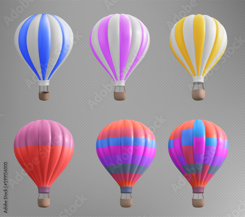 3d isolated hoy air balloon basket travel illustration on transparent background. Realistic aerostat set in red, blue and pink stripe for adventure and recreation. Summer ballooning leisure journey