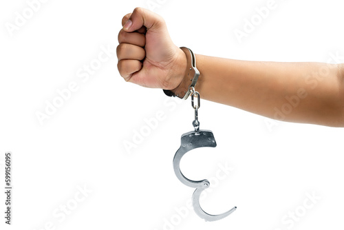 Arrested man with a handcuff on his hand