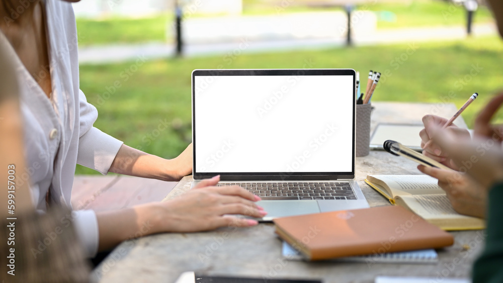 Fototapeta premium A smart female college student preparing for the exam with her friends at a campus park.
