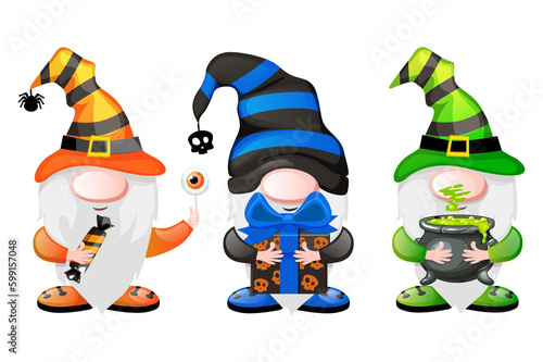 Cartoon Gnomes with with the candy, gift and pot. Halloween leprechaun characters.