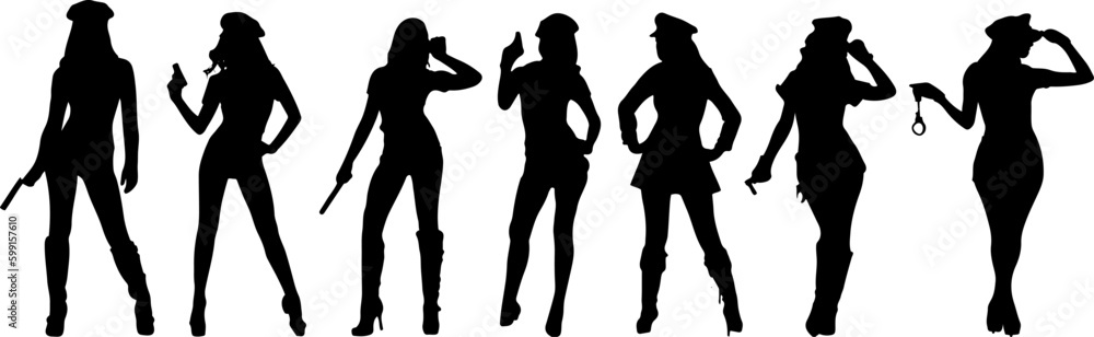 Sketch drawing vector silhouette set of sexy female cop in different poses isolated on white background