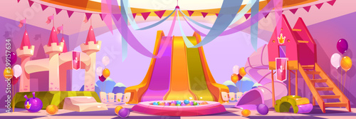 Cartoon playground for kids leisure. Vector illustration of play room in shopping mall, school, kindergarten with princess castle trampoline, dry pool, slide, air balloons. Childrens activity zone