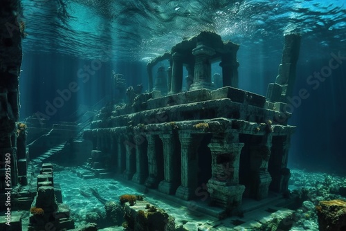 Sunken city in the depths of the ocean. Generative AI © marikova