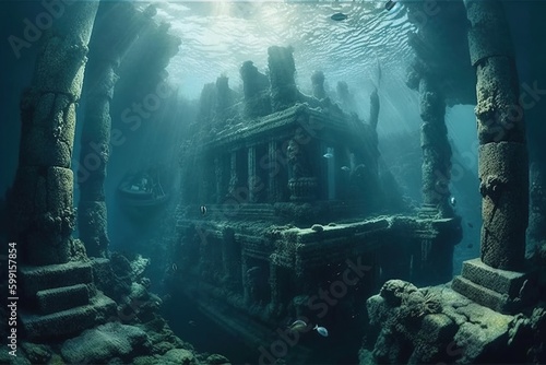 The sunken city of Atlantis in the depths of the waters. Generative AI