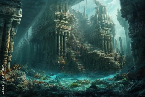 The sunken city of Atlantis  deep in the ocean. Generative AI