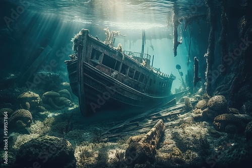 Sunken pirate ship. Generative AI © marikova