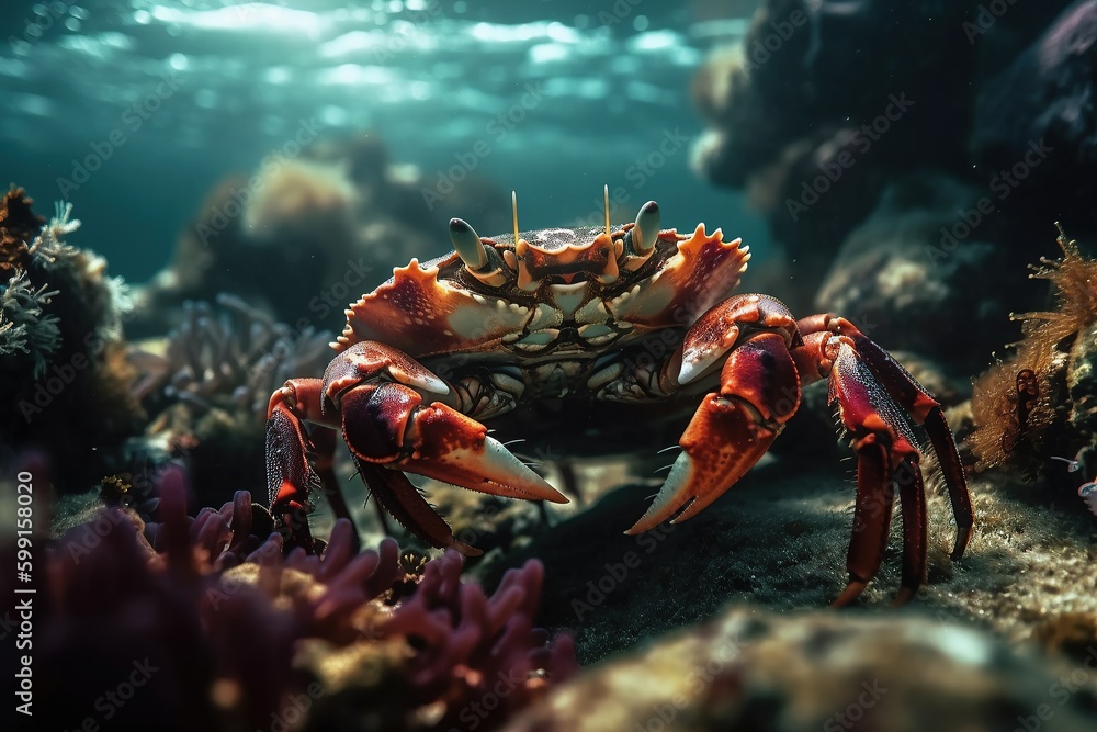 Cute crab on a coral reef. Generative AI Cute crab on a coral reef. Generative AI
