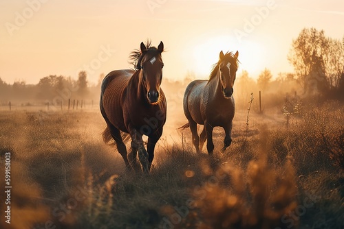 Photographie Two beautiful horses gallop at sunset. Generative AI