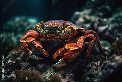 Cute crab in the depths of the ocean. Generative AI